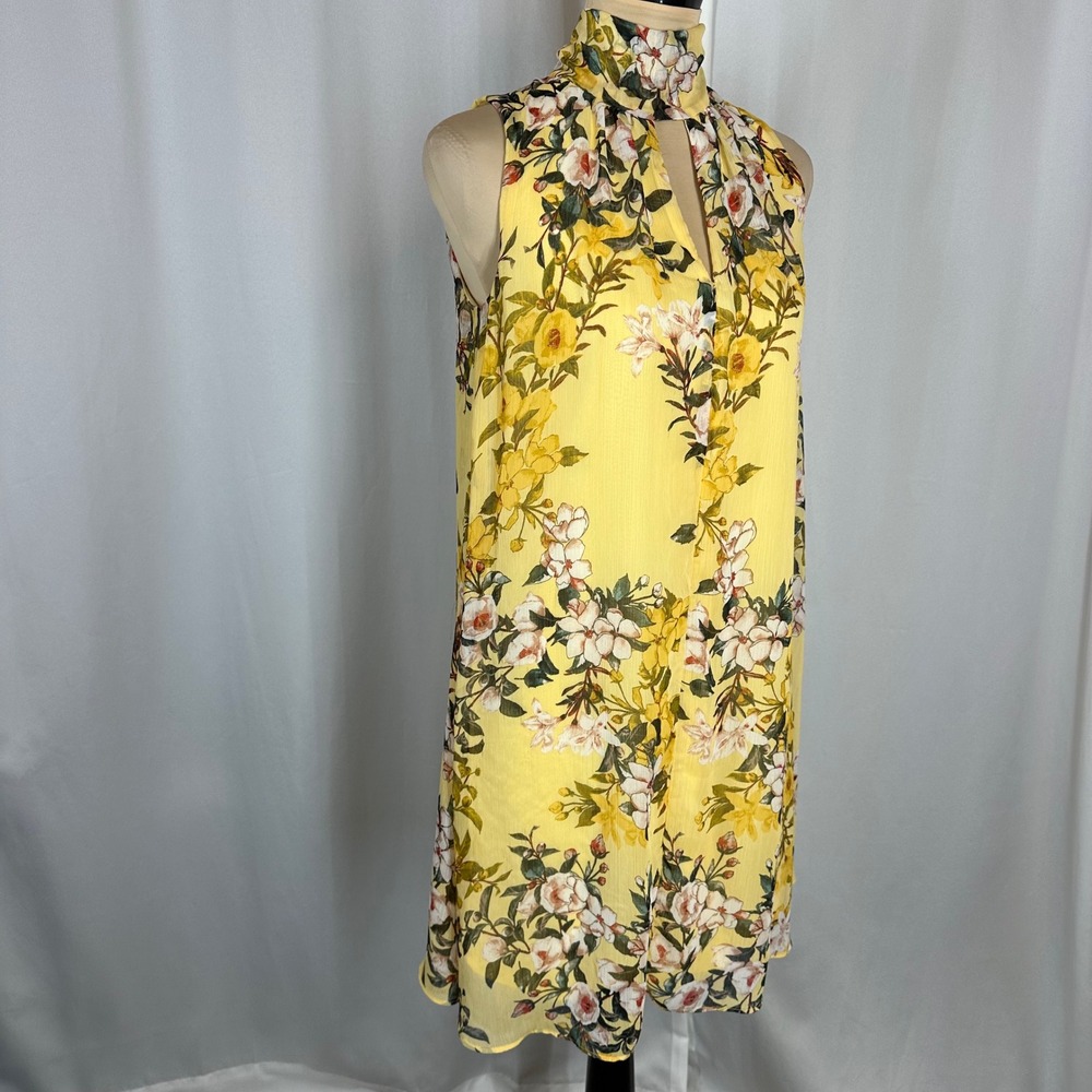 London Times Floral Halter Dress Women's Size 2 Yellow Tie Neck Midi READ